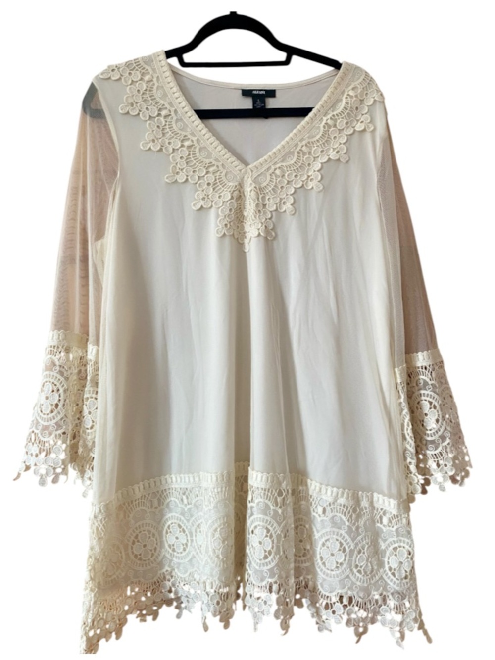 Alfani Ivory Floral Crochet Lace Sheer Sleeve Boho Tunic Top Mini Dress Size L